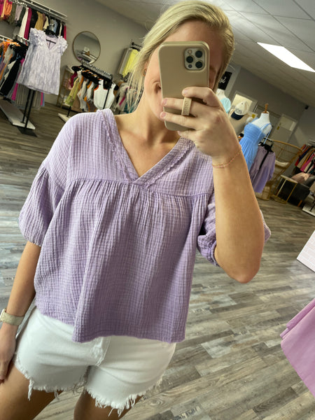 Gauze V-Neck Babydoll Top - Lavender