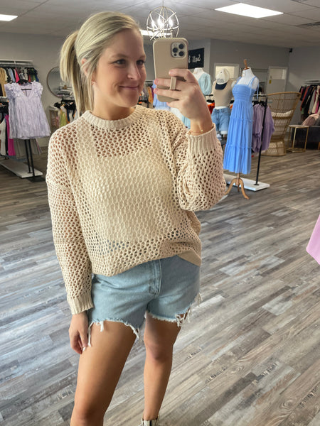Round Neck Open Knit Sweater - Taupe