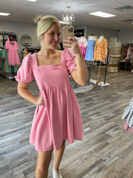 Denim Babydoll Dress - Hot Pink