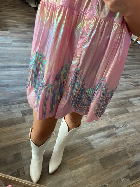 Foil Tiered Sequin Fringe Dress - Pink