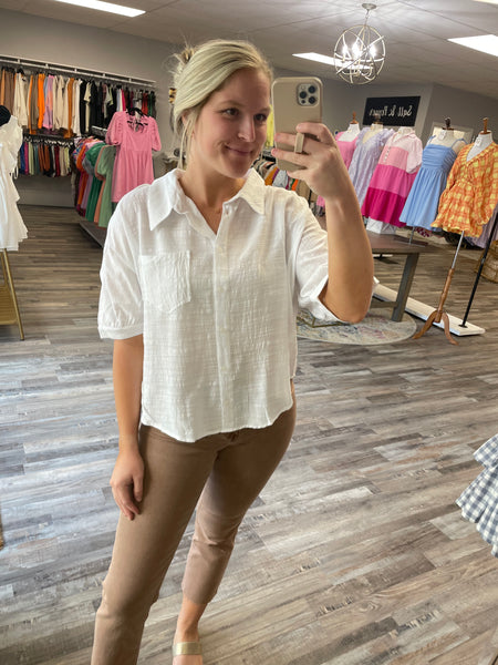 Short Sleeve Button Down Top - White