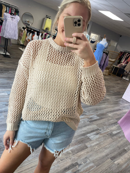 Round Neck Open Knit Sweater - Taupe