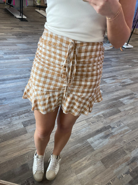Plaid Ruched Skirt - White/Tan