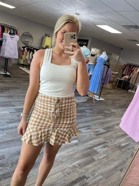 Plaid Ruched Skirt - White/Tan
