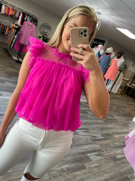 Mesh Ruffle Top - Fuchsia