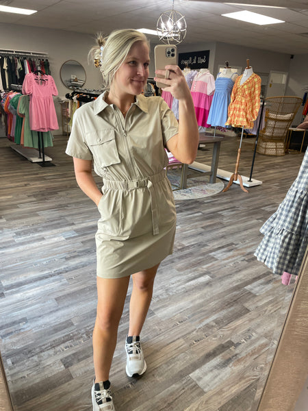 Nylon Belted Active Dress - Tan