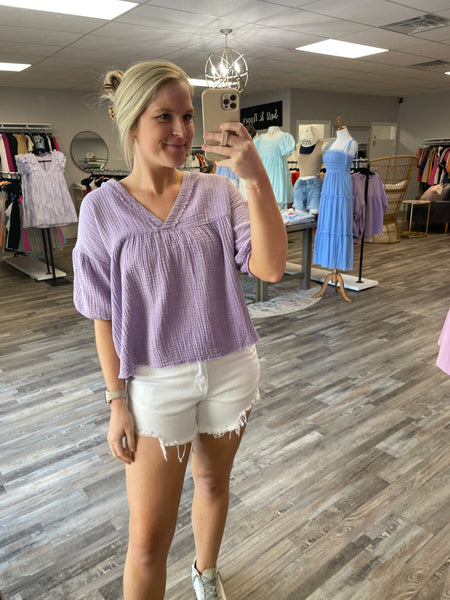 Gauze V-Neck Babydoll Top - Lavender