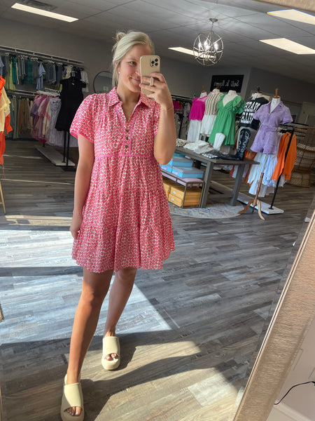 Floral Piping V-Neck Dress - Pink Mix
