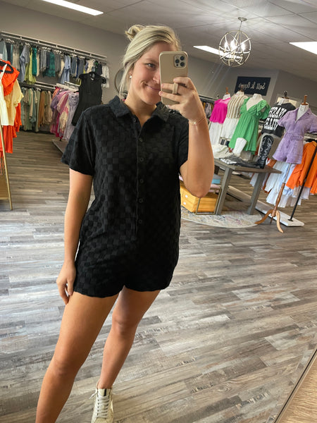 Terry Knit Checkered Romper - Black