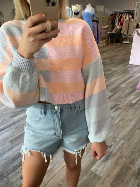 Color Block Cropped Sweater - Peach Multi