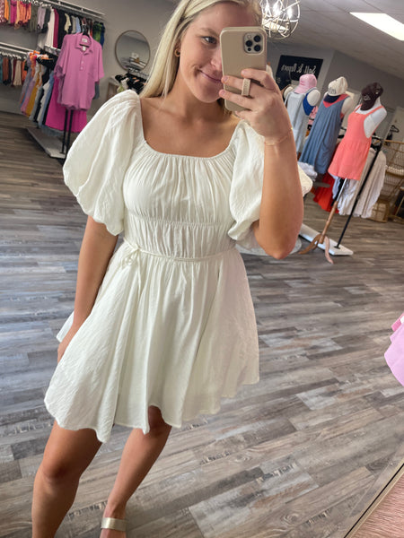 Bubble Sleeve Flared Dress - White
