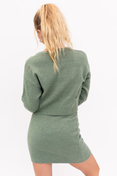 Distressed Knit Mini Skirt - Green
