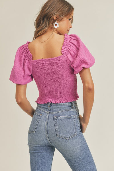 Smocked Puff Sleeve Top - Berry