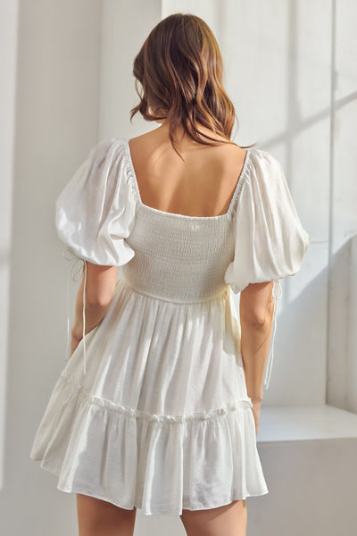 Shirred Back Smocked Dress - White