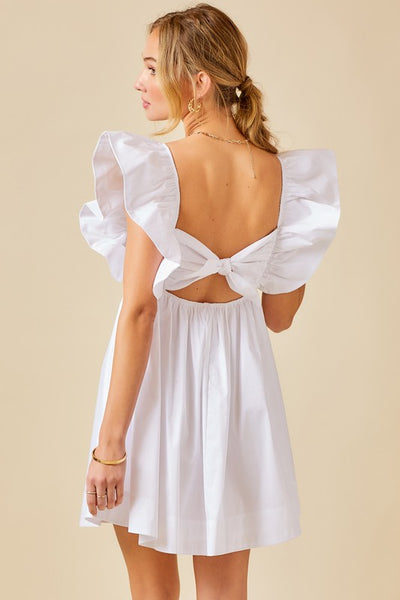 Ruffle Detail Tie Back Poplin Dress - White