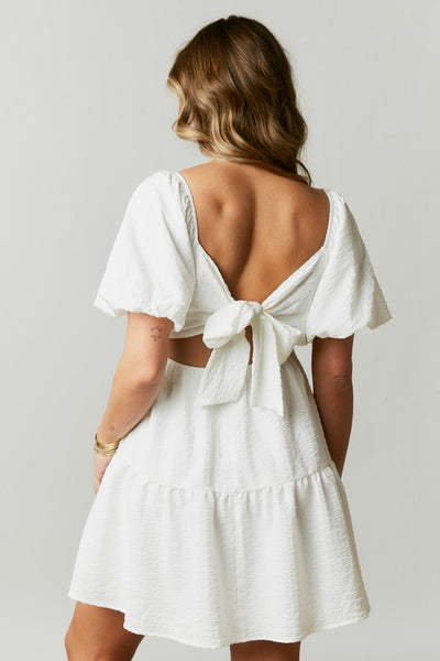 Tie Back Puff Sleeve Dress - White