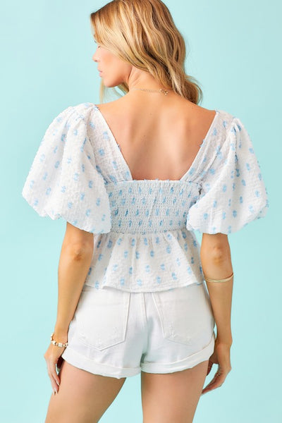 Puff Sleeve Textured Babydoll Top - White/Blue