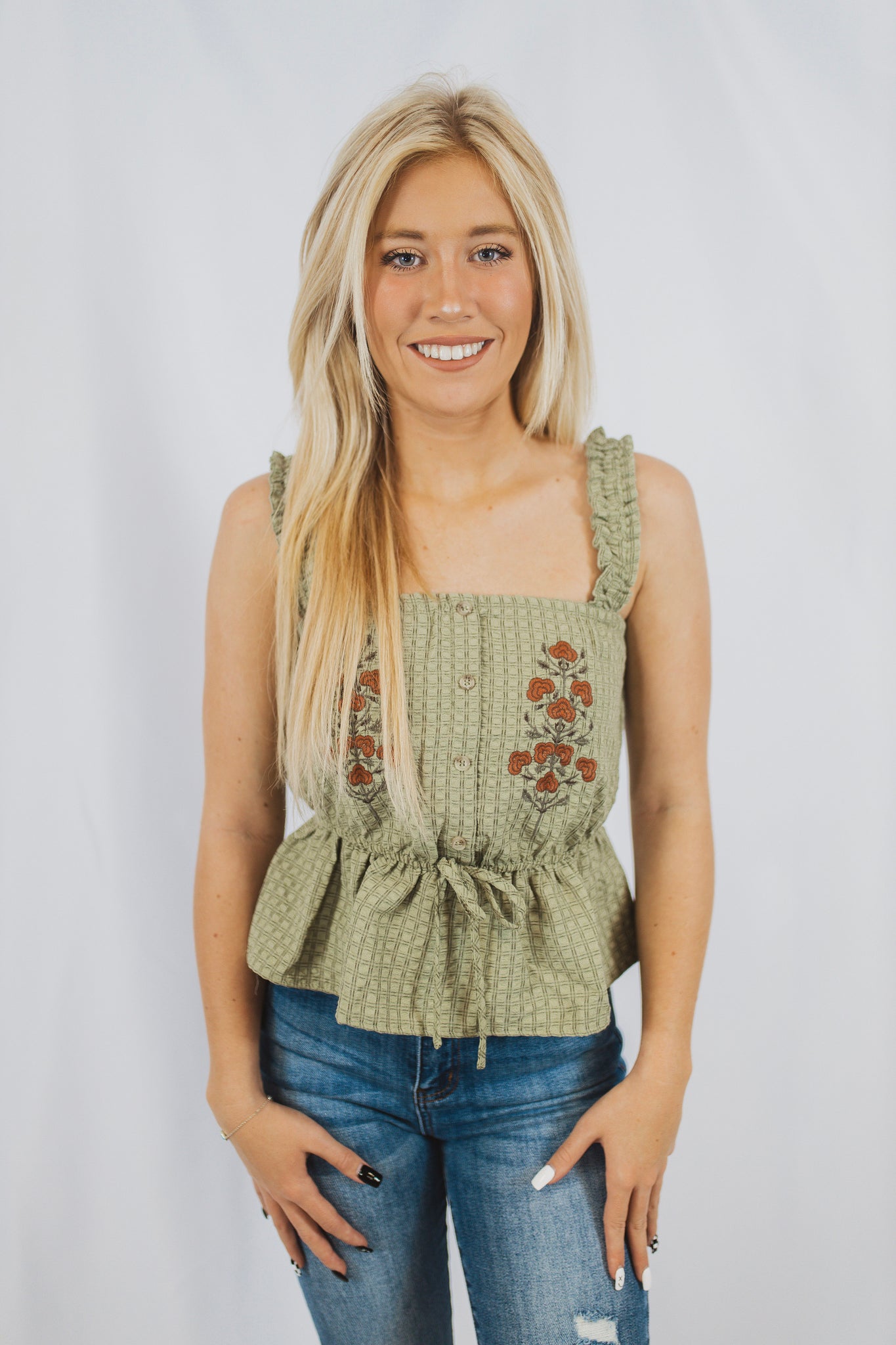 Embroidered Woven Tank - Olive