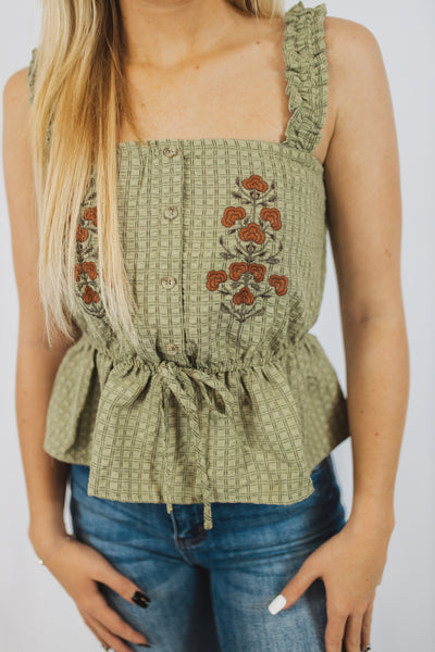Embroidered Woven Tank - Olive