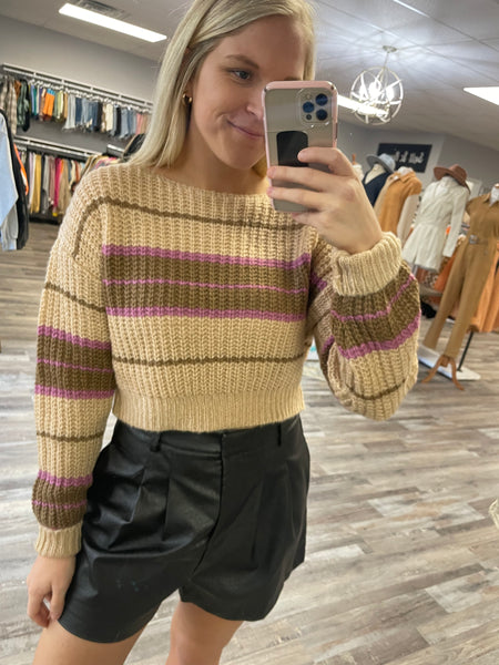 Knit Multi Stripe Sweater - Almond/Lilac
