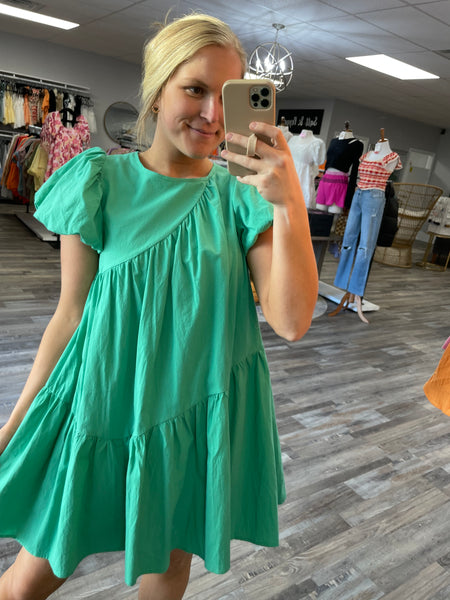 Asymmetric Seam Babydoll Dress - Emerald