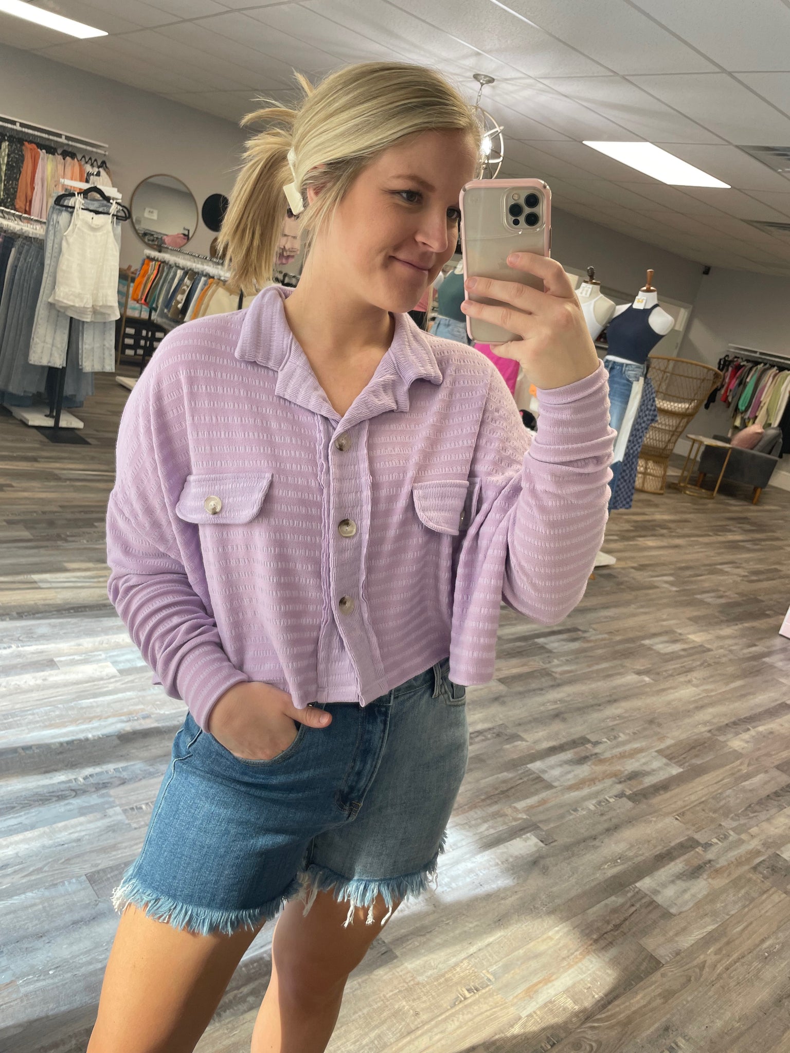 Striped Cropped Shacket Top - Lavender
