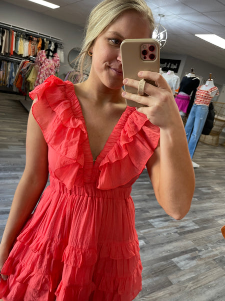 V-Neck Ruffle Tiered Dress - Coral