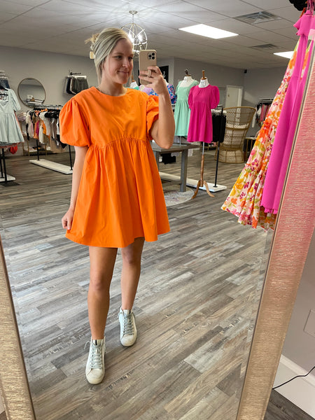 Puff Sleeve Babydoll Mini Dress - Orange