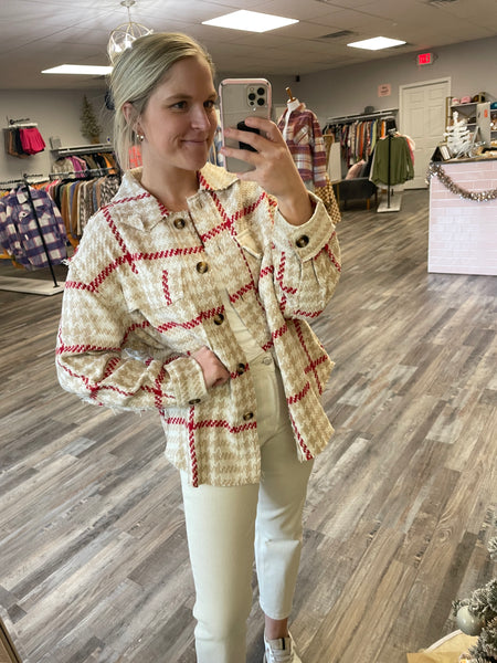 Plaid Knitted Shacket - Taupe