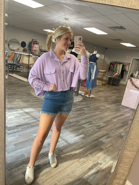 Striped Cropped Shacket Top - Lavender