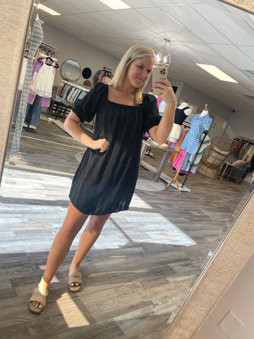 Pattern Square Neck Dress - Black