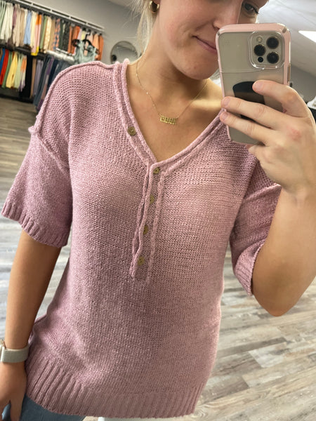 Short Sleeve Knit Button Top - Lavender