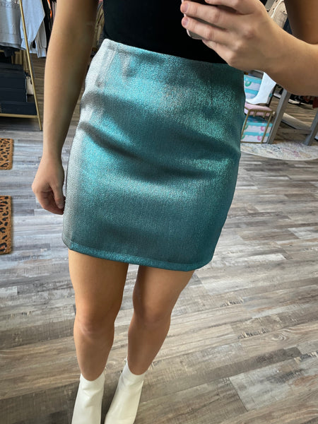 Shiny Metallic Mini Skirt - Silver Teal