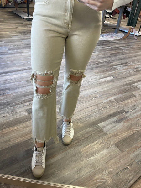 High-Rise Straight Distressed Jeans - Sand