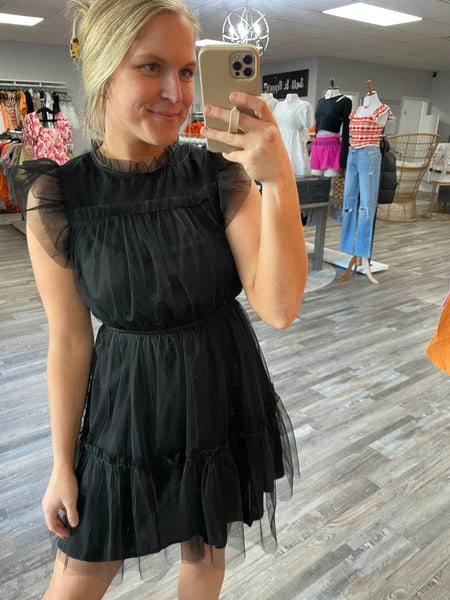 Mesh Ruffled Mini Dress - Black