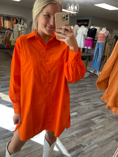 Poplin Shirt Mini Dress - Orange