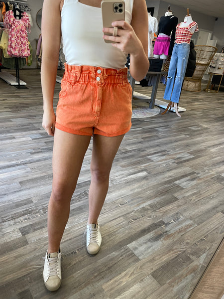 Paper Bag Waist Denim Shorts - Tangerine