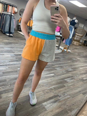 Color Block French Terry Shorts - Grey/Orange