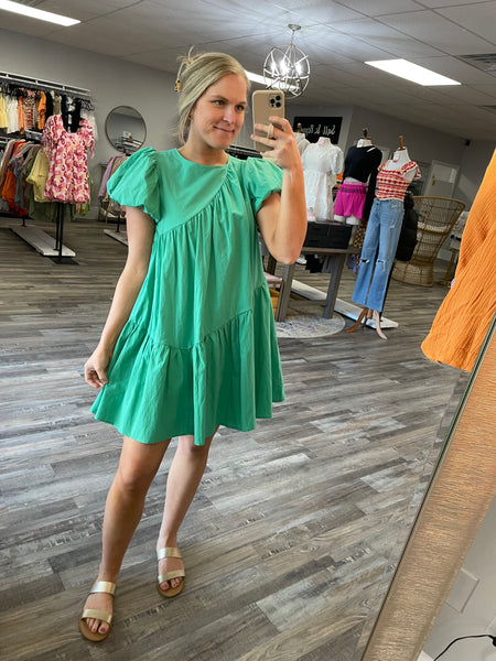 Asymmetric Seam Babydoll Dress - Emerald