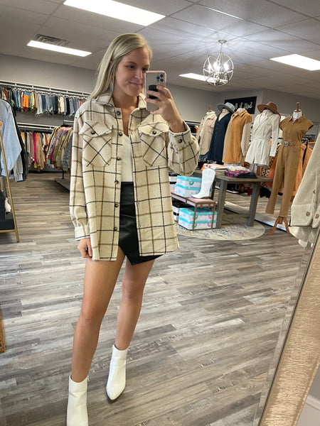 Textured Plaid Shirt Jacket - Beige