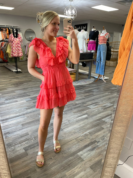 V-Neck Ruffle Tiered Dress - Coral