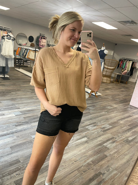 Frayed Hem Woven V-Neck Top - Taupe