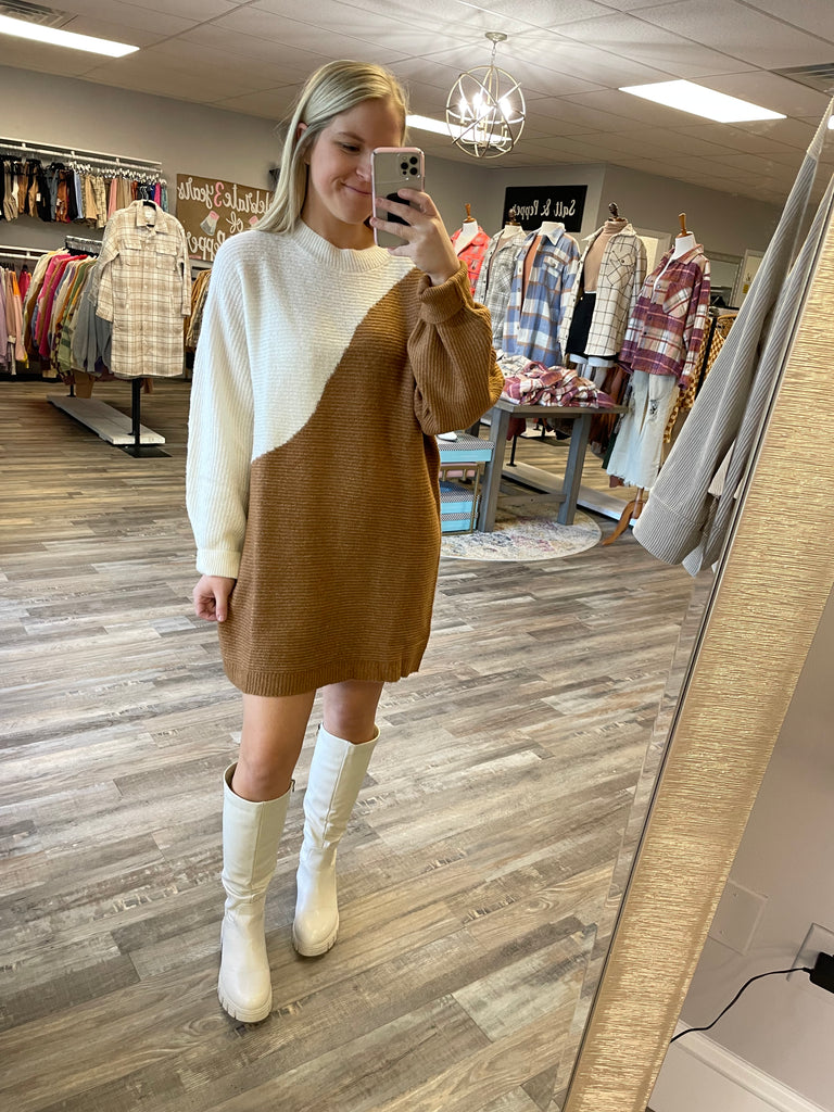 Two Tone Asymmetrical Sweater Dress Camel Salt Pepper Boutique
