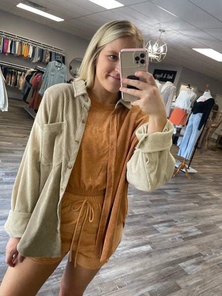 Corduroy Colorblock Shacket - Camel Combo
