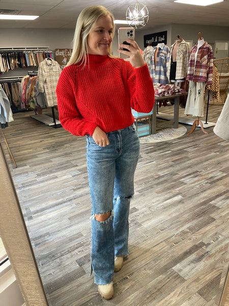 Mock Neck Chenille Sweater - Red