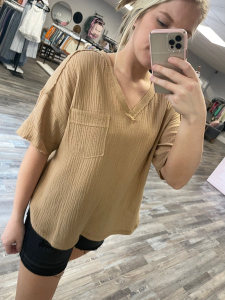 Frayed Hem Woven V-Neck Top - Taupe