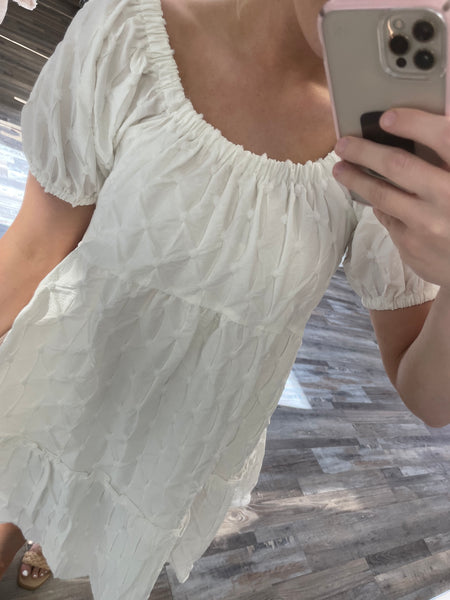 Textured Puff Sleeve Dress - White