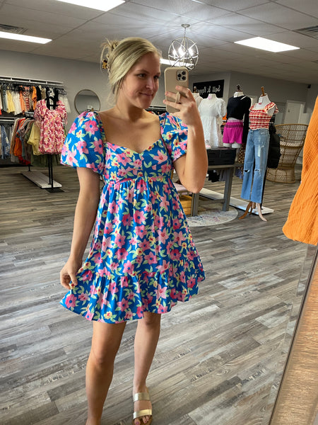 Floral Sweetheart Neckline Dress - Blue