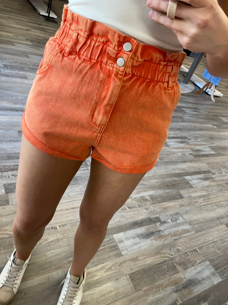 Paper Bag Waist Denim Shorts - Tangerine
