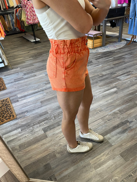 Paper Bag Waist Denim Shorts - Tangerine